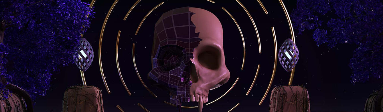 Image of a 3D modeled skull floating in space, with gold circles behind it and violet leafed trees visible in the foreground